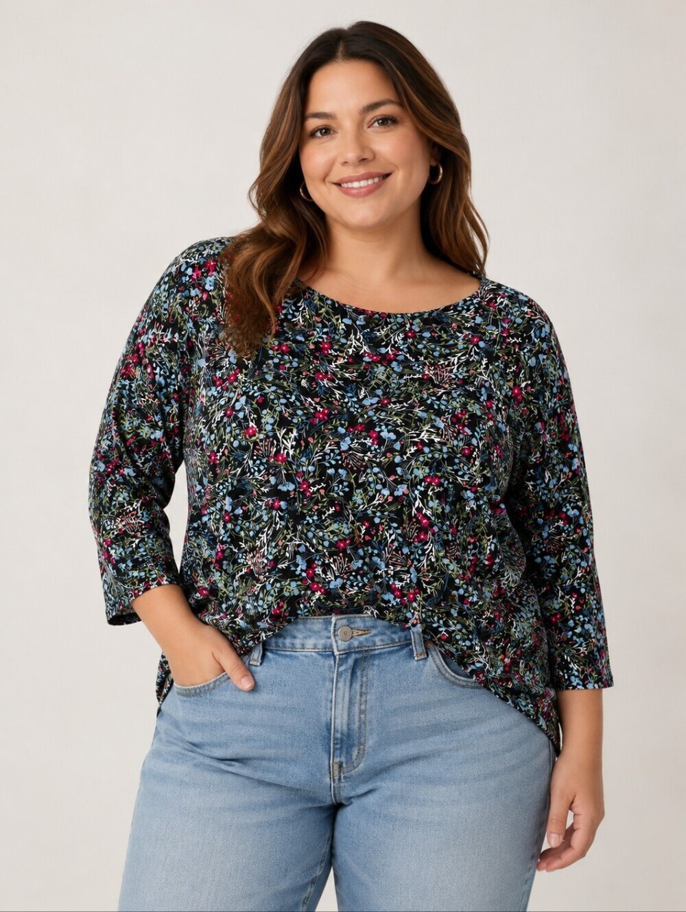 J Jill Wearever Collection 3/4 Sleeve Floral Crewneck Top in Black, Size L